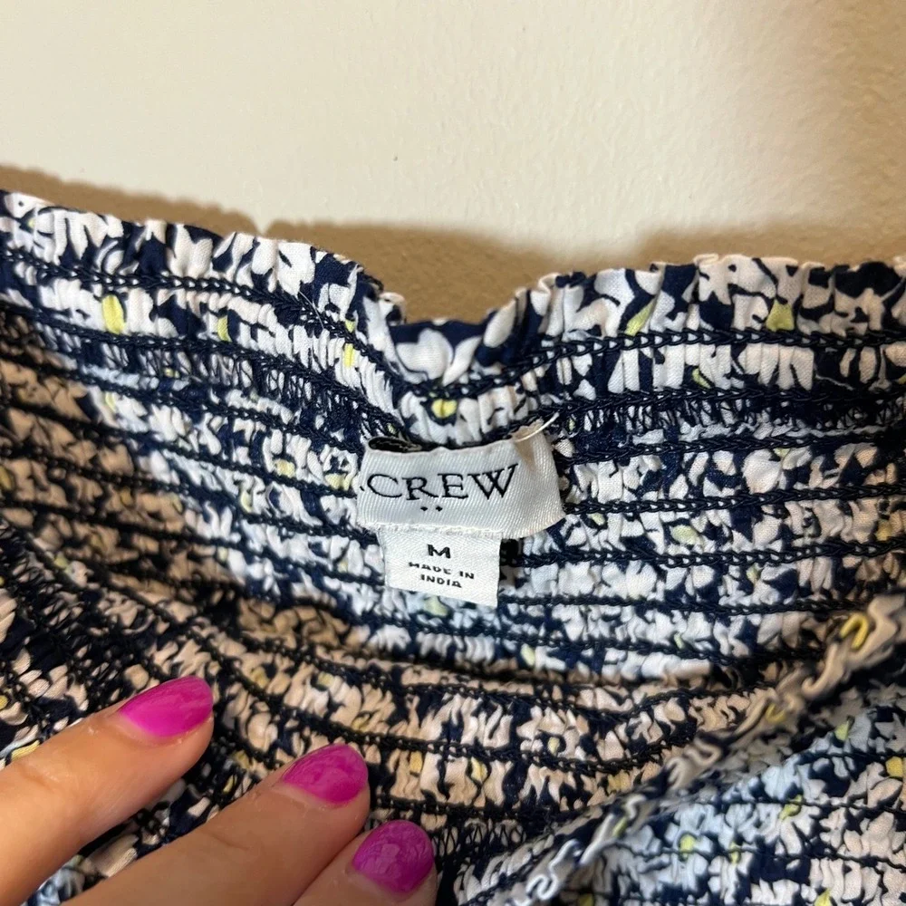 J. Crew Puff Sleeve Smocked Peplum Daisy Floral Top Navy White Cotton Medium